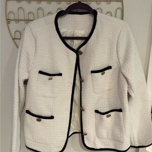 Womens White Bouclé Jacket with Black Trim